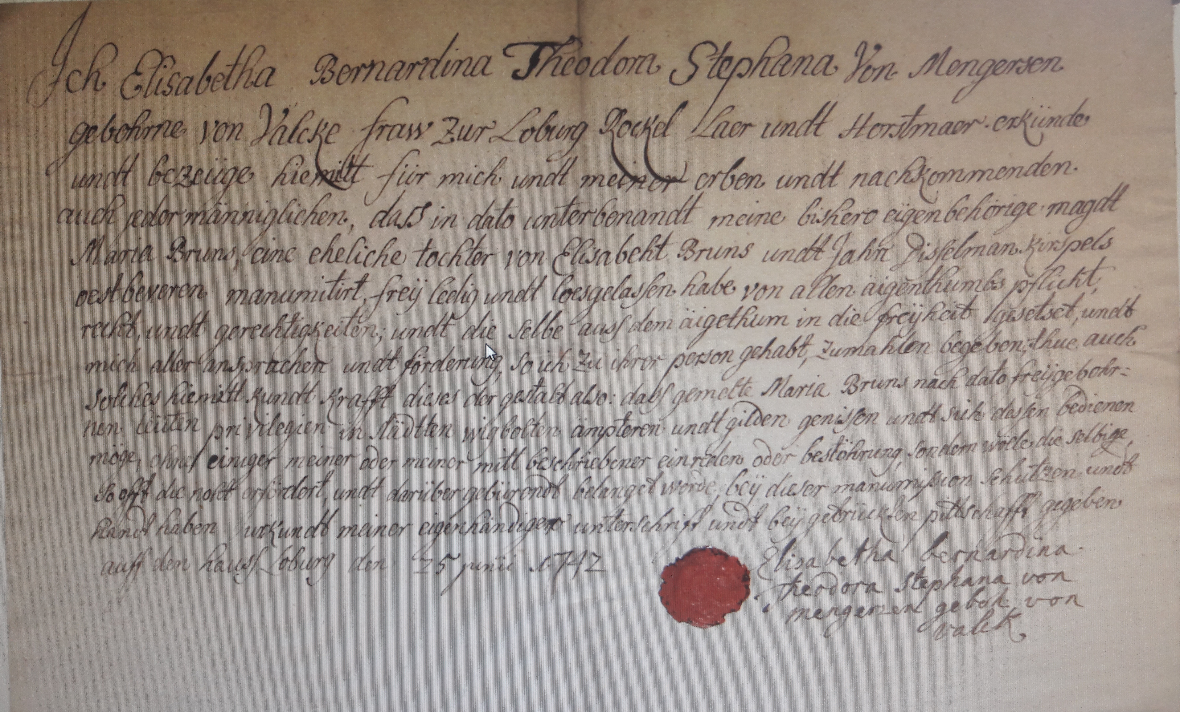 Freibrief der Magdt Maria Bruns auf Haus Loburg, Westbevern, vom 25. Juni 1742