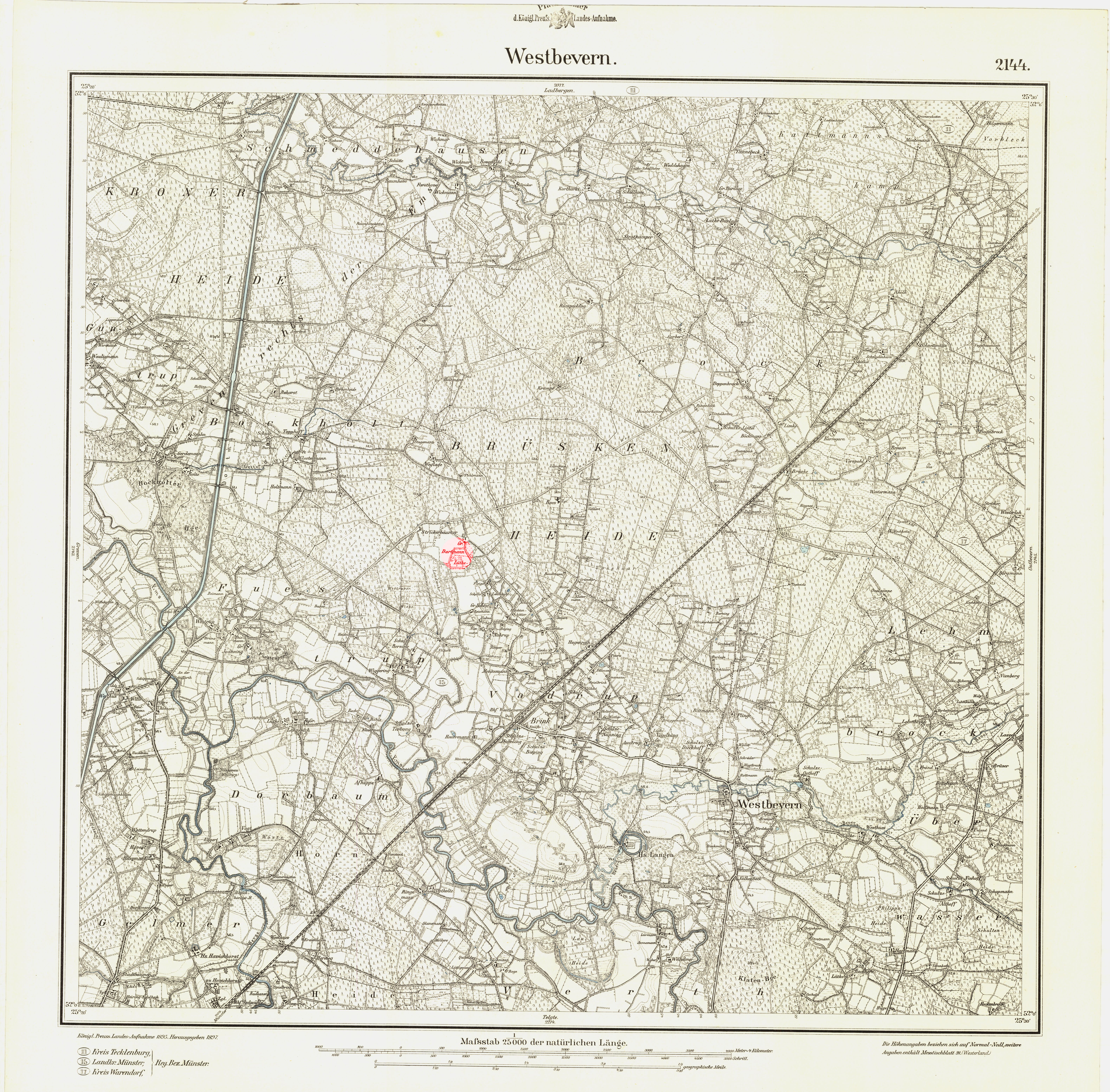historische Landkarte Westbevern mit den Höfen Größe und Lütke Dartmann